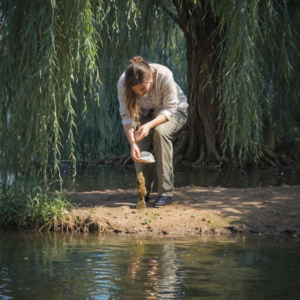 Beneath the willow's weep, where shadows dance,
I kneel beside the pond, so still and trance.
The water's mirror, calm and clear as glass,
R...
