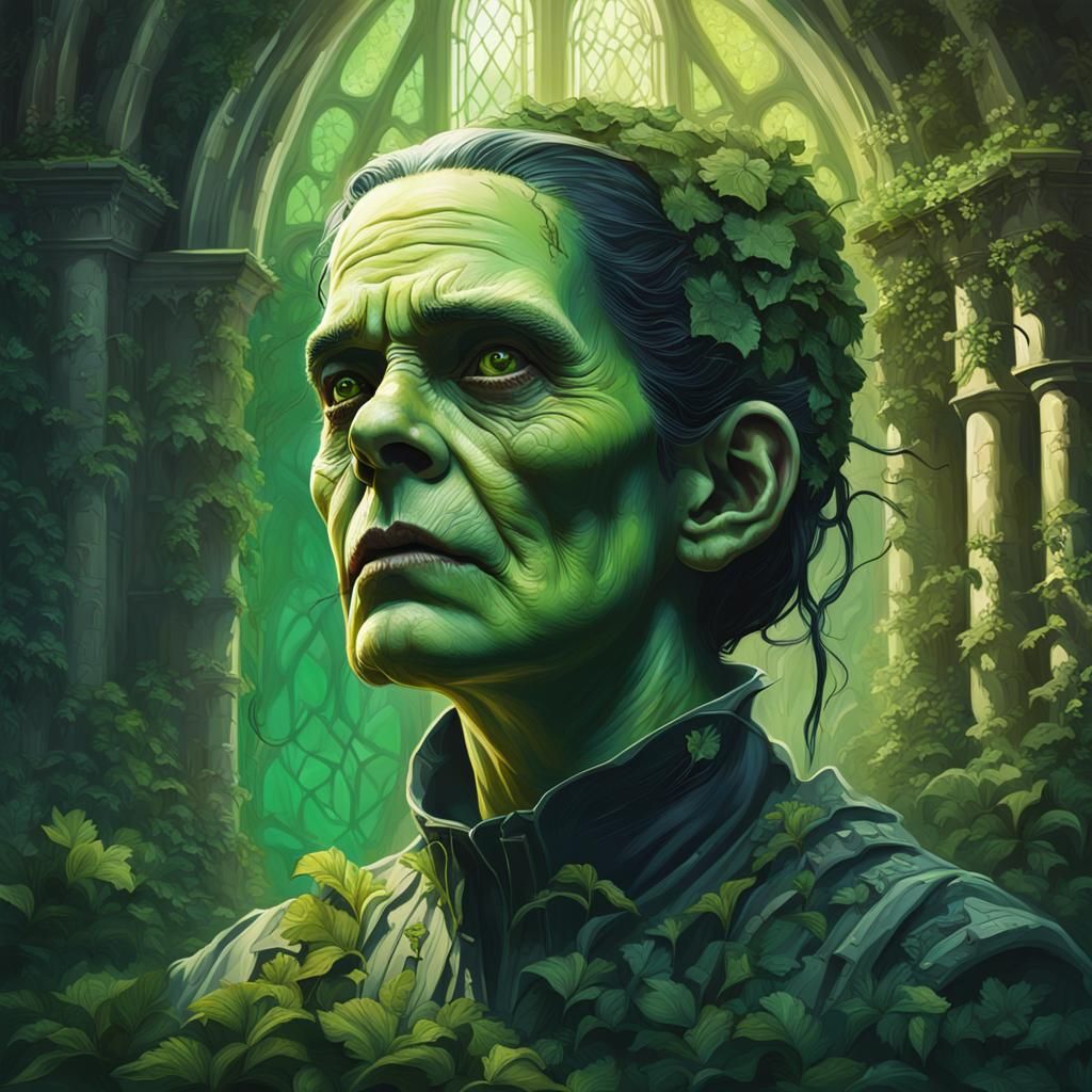 Portrait of Frankenstein woman in verdant overgrown gothic a...