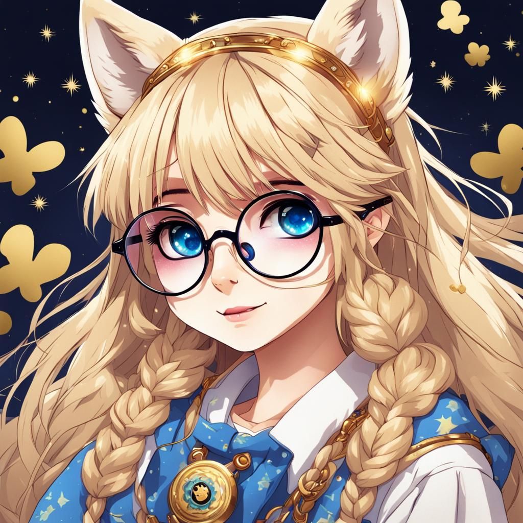 cute wolf girl kawaii with gold big round glasses and blue e...