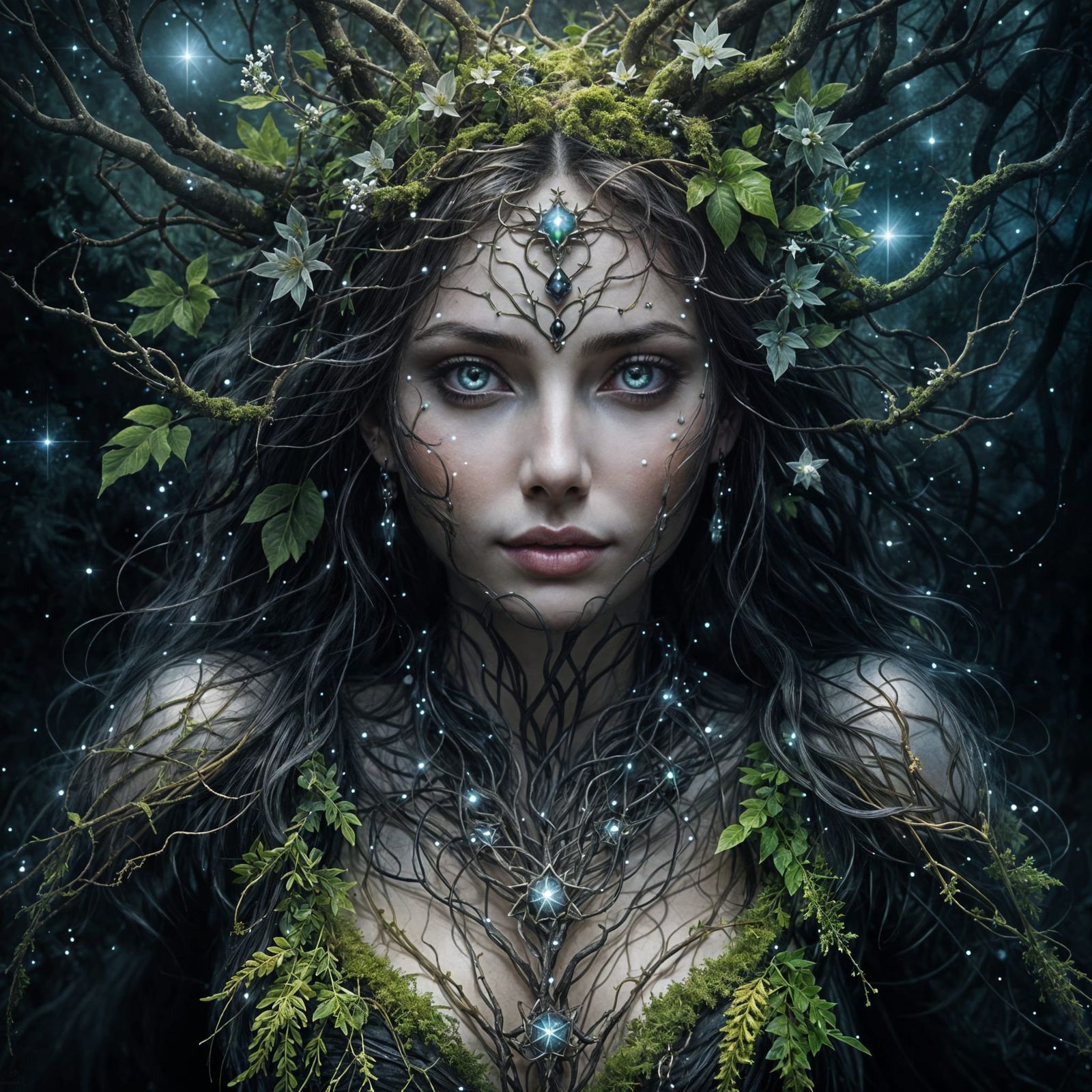 Mystical Nature Goddess Portrait in Starry Night