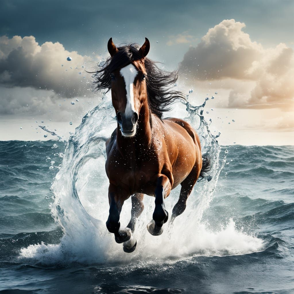 Horse Galloping on Water, Splashing Camera