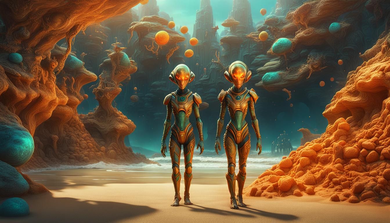 schöne alienfrauen im vordergrund, am strand,alien -pets,tür...