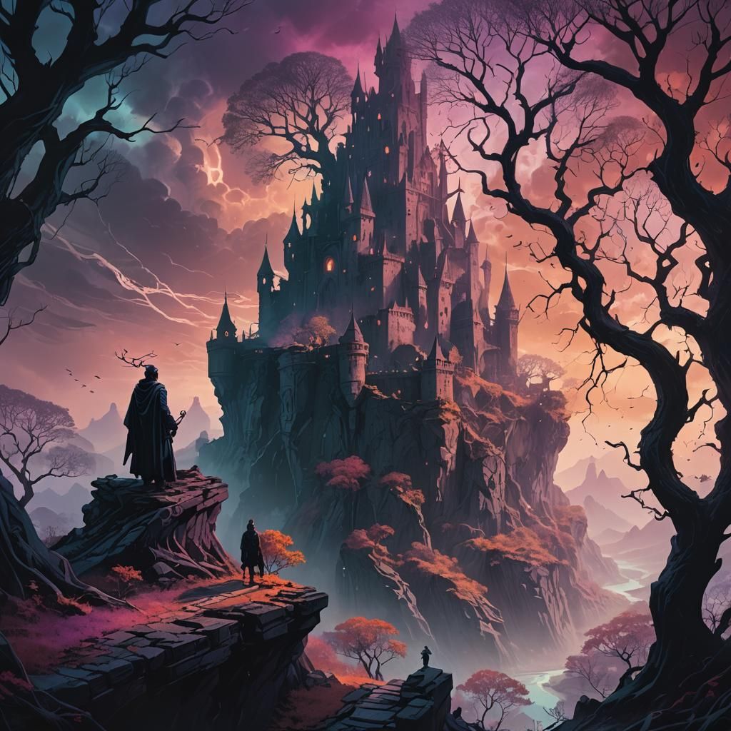 Surreal Fantasy Scene with Ancient Castle Ruins
