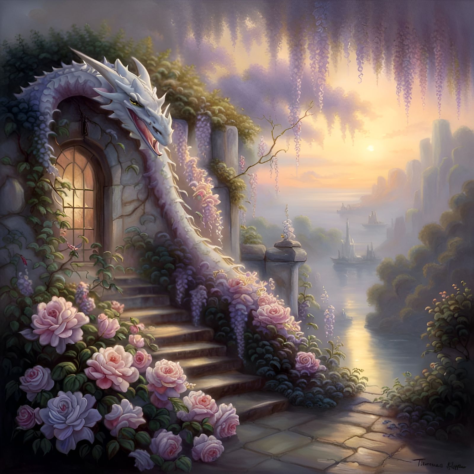 Romantic withe dragon farytale landscape roses sunseting wis...