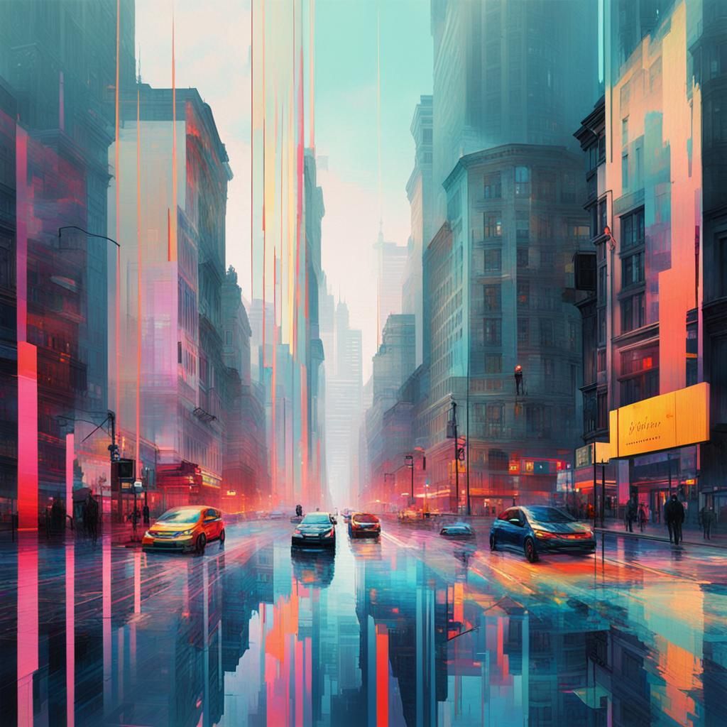 Cityscape with vibrant glitch overlays  by @AlgorithmicArtist
