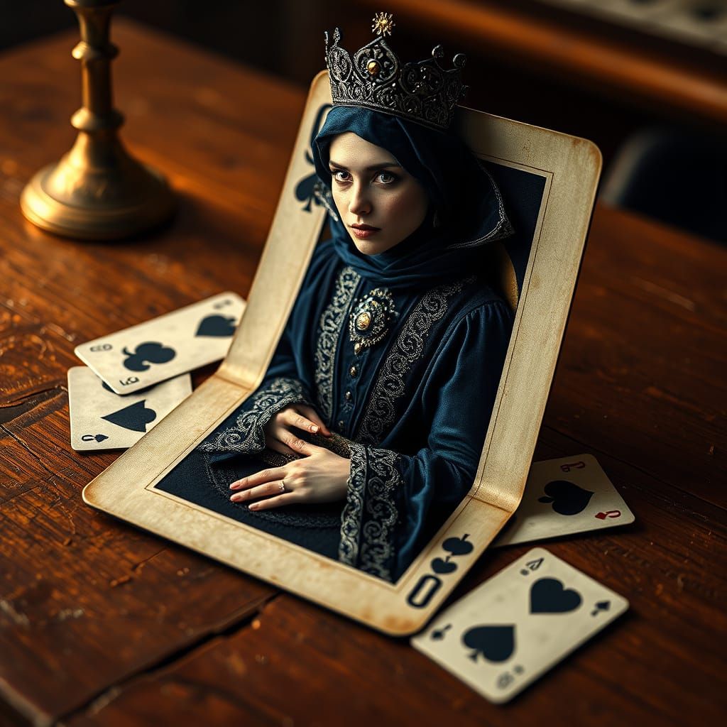 ♠ Queen of Spades A richly detailed close-up of an antique playing card on a worn wooden table. Emerging ...  by @Pjrockey