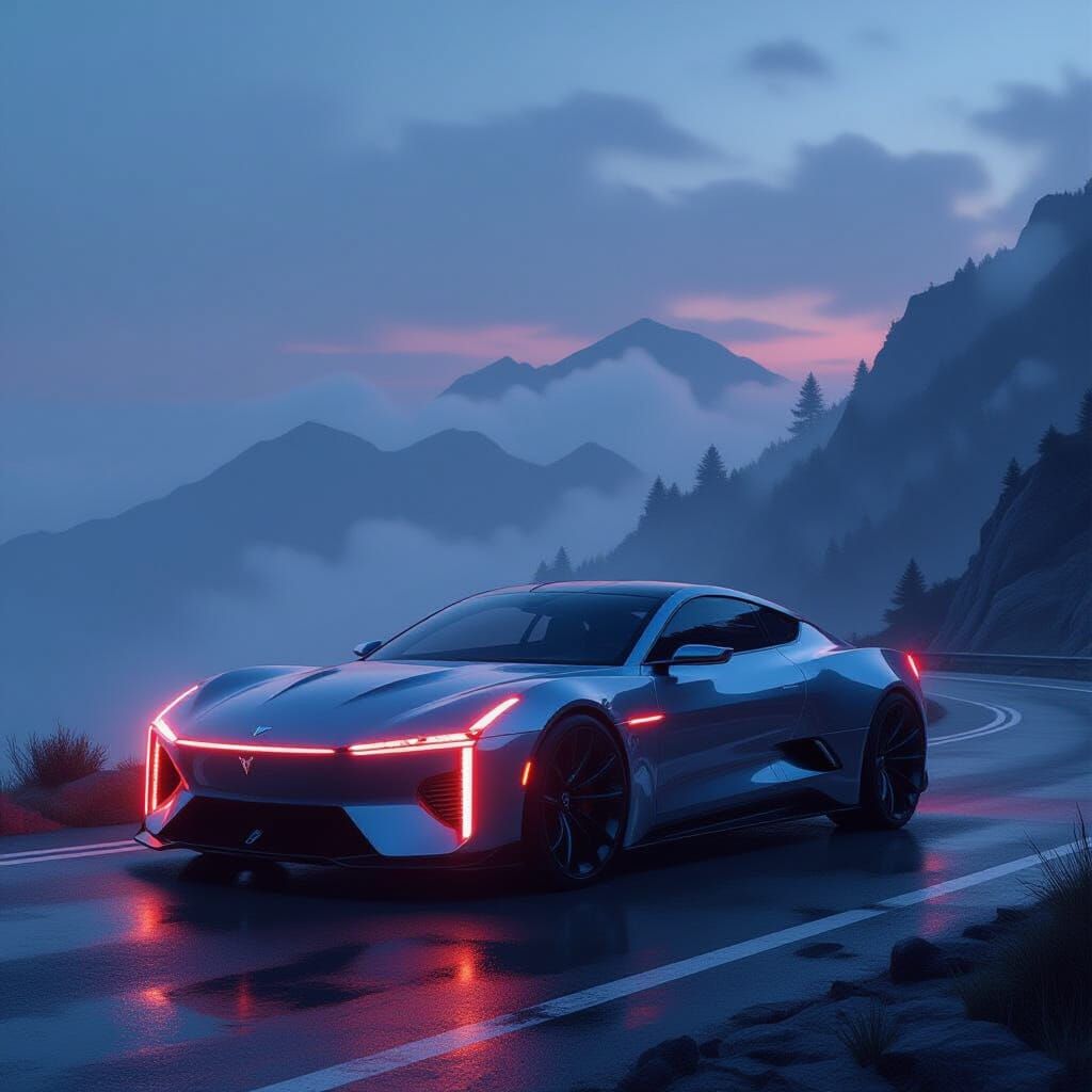 Crimson Accented Car on Misty Mountain Road