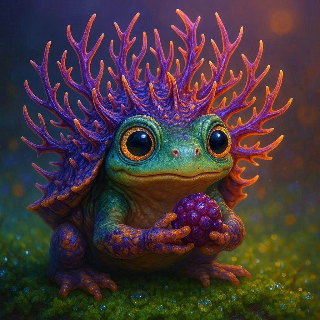 Murex frog-tortoise creature with big expressive eyes holds a berry. Its shell is made of many complex spines like antlers-branches filament...