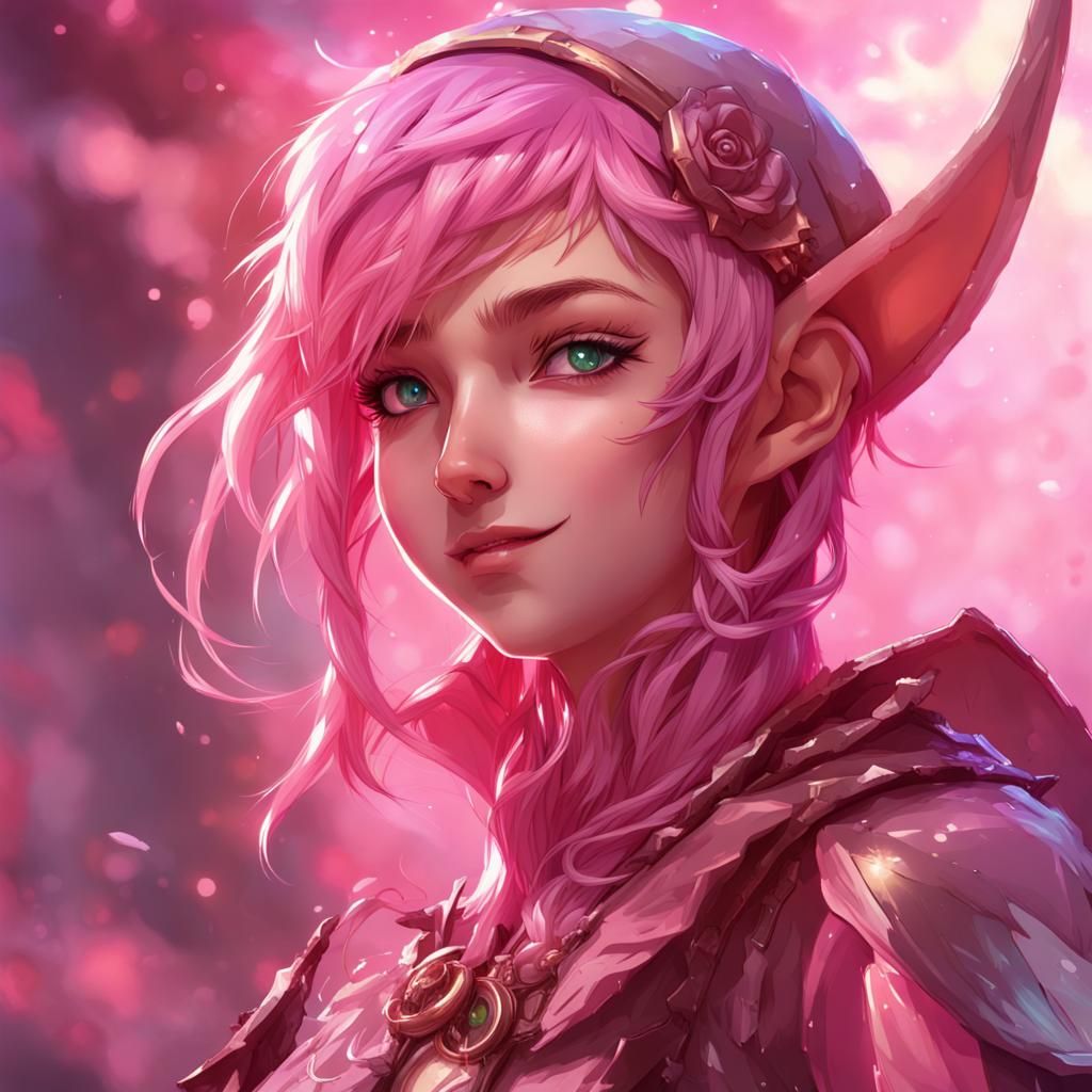 Happy Pink Anime Elf Clockamancer in Splash Art