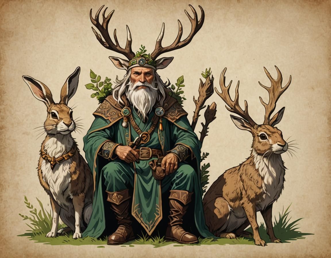A horned druid lord and a jackalope  by @Autumn