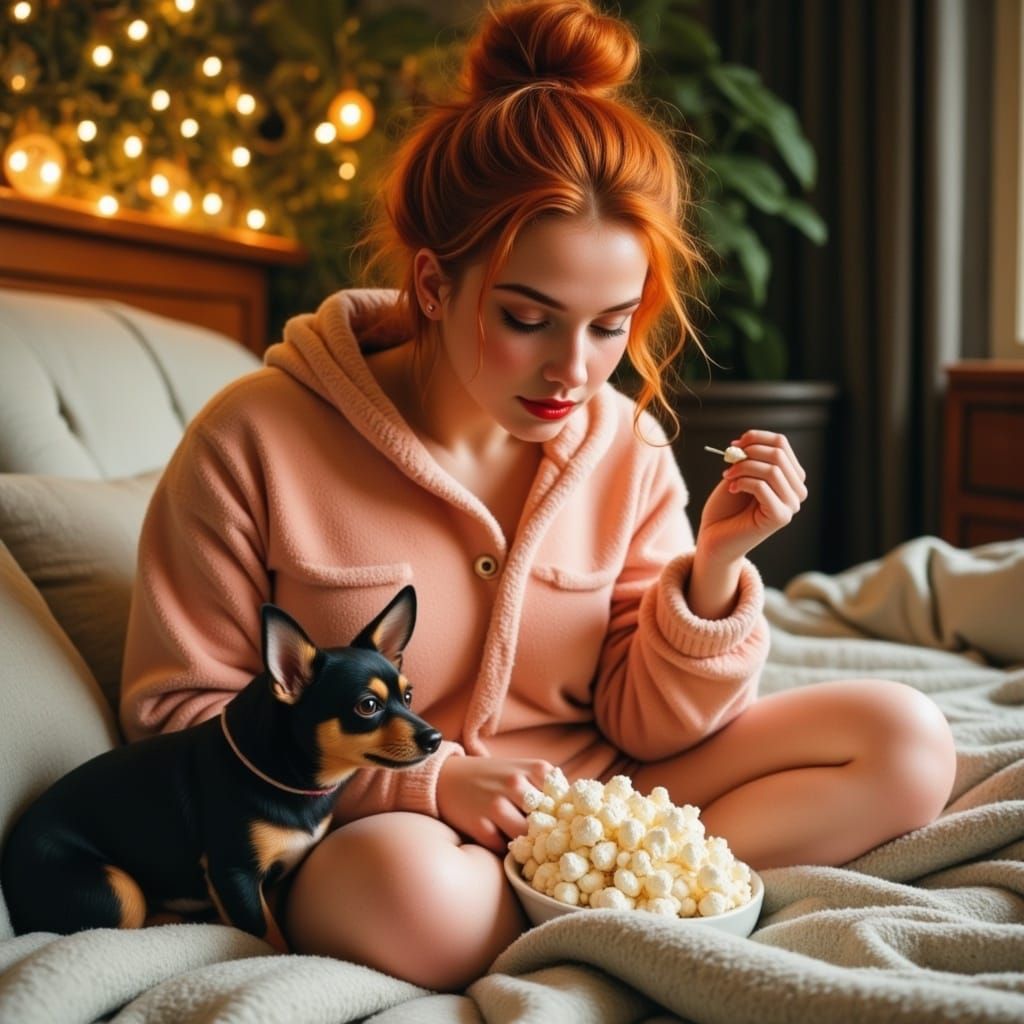 Cozy Woman in Pastel Pajamas Relaxing with Chihuahua