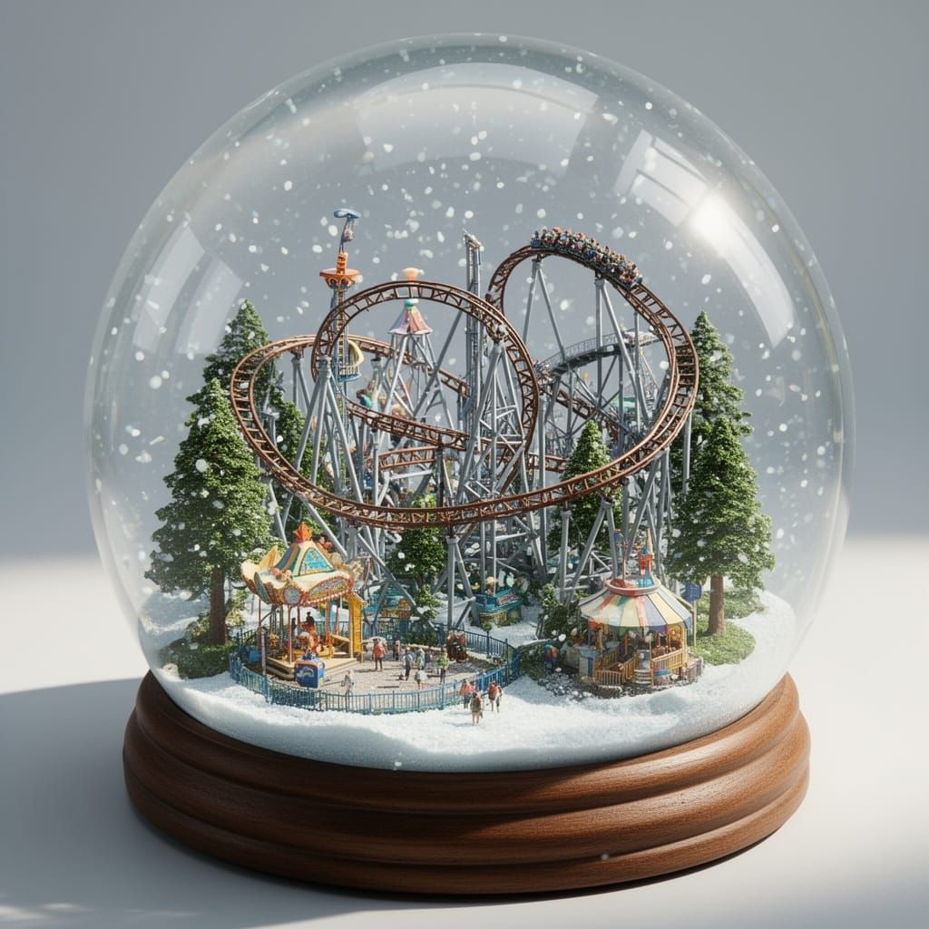 Whimsical Amusement Park Inside a Snow Globe