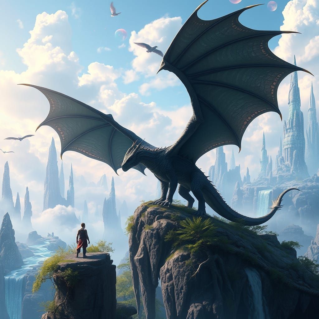 Dragon Rider Amidst Majestic Fantasy Realm