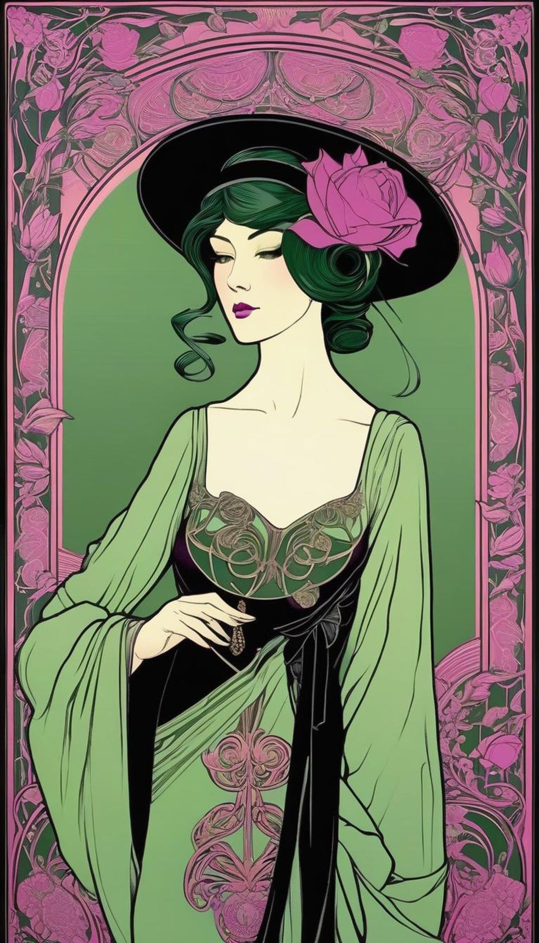 Dichromatic, Black-Rose and Honeysuckle, art nouveau woman, dep magenta ...