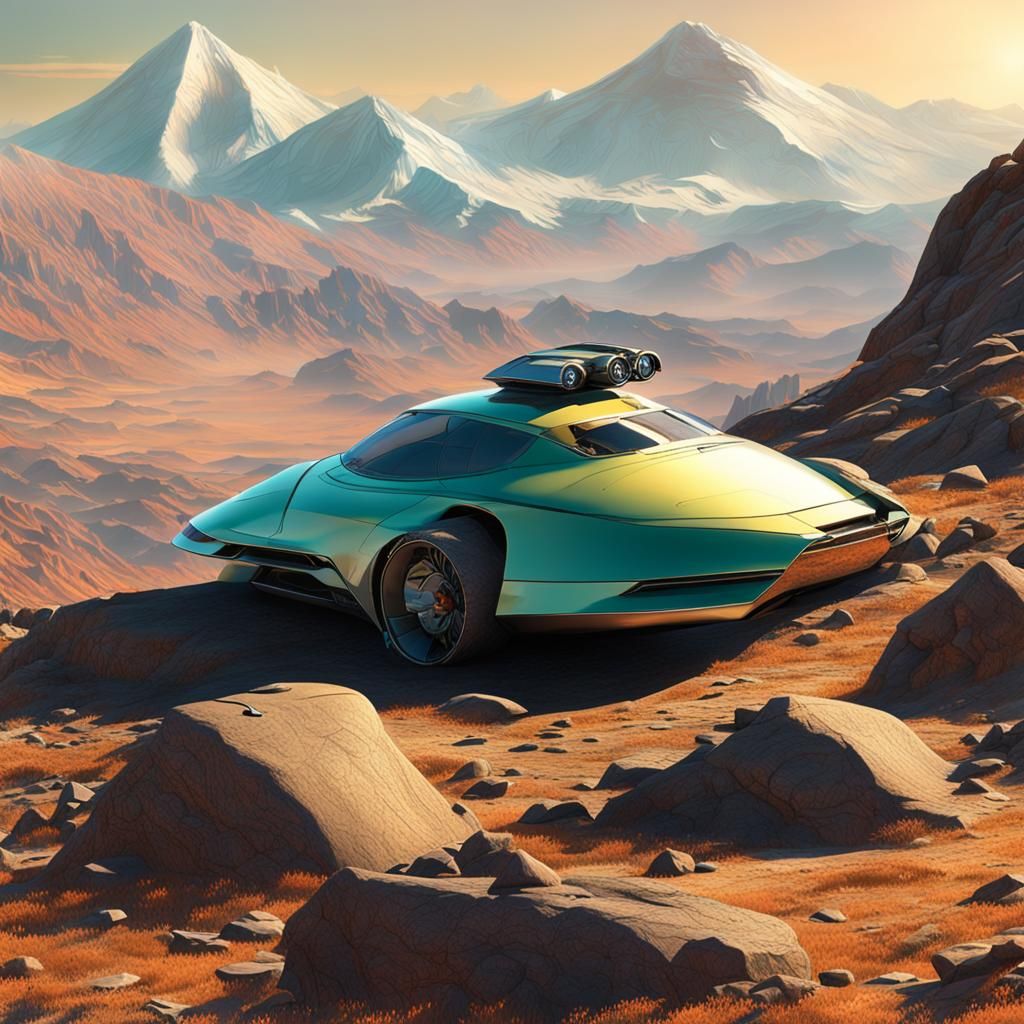 A cyber punk off road futuristic slick Porche on top of Rock...