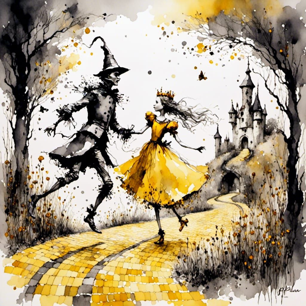 <lora:Colours:1.0> (wizard of oz) tinman dancing with a tiny woman on the yellow brick road. Bold watercolour and ink. Yellow and greyscale