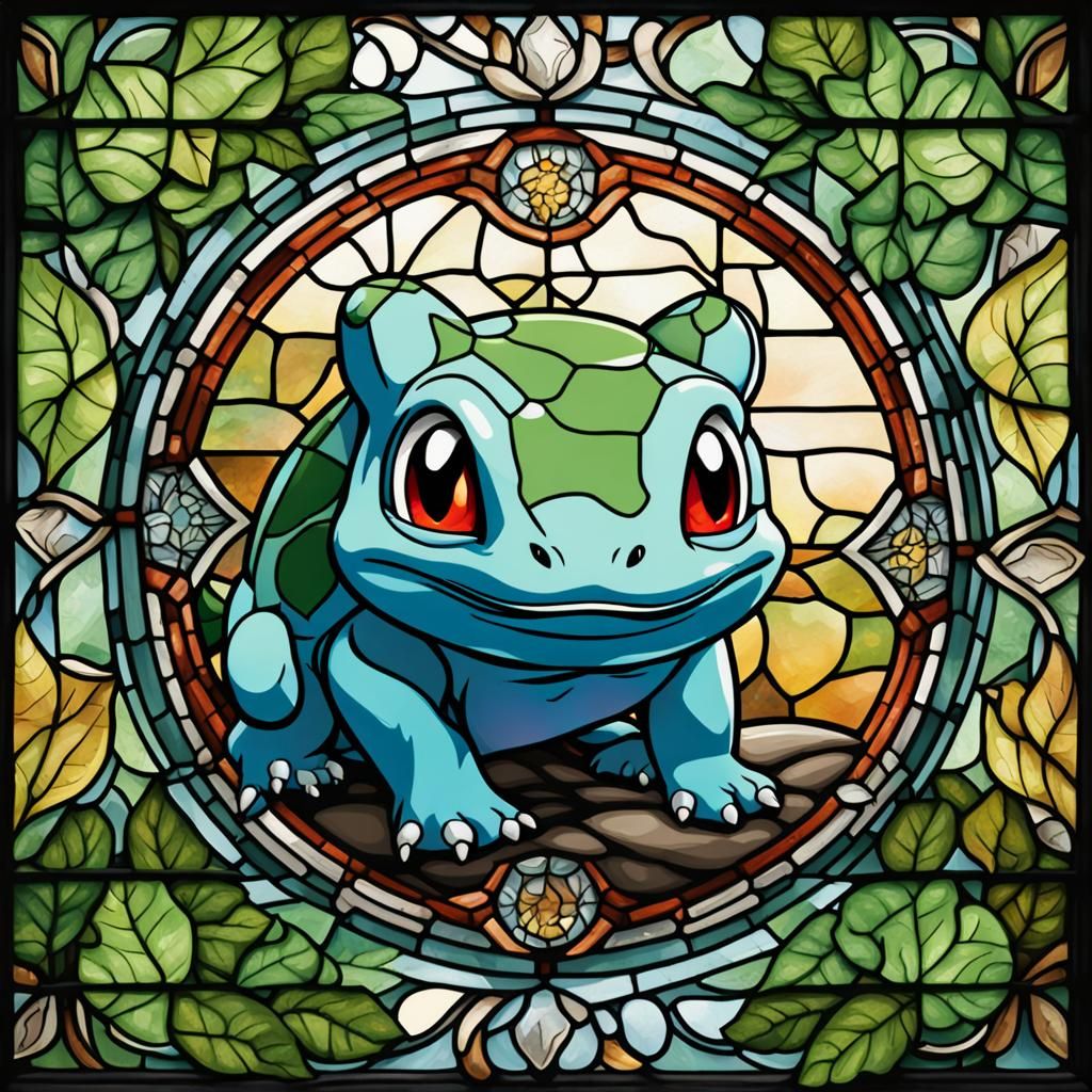 Bulbasaur as a stained glass cathedral window