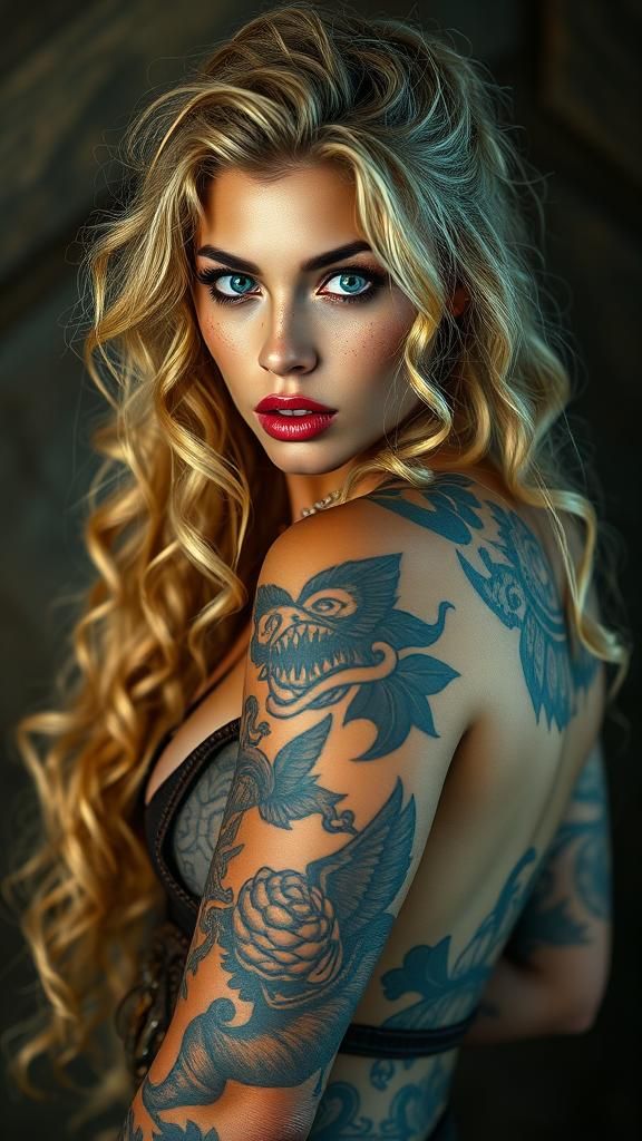 pic1.raw, hot viking woman, blond curly long hair ,blue eyes, full lips,freckles, full body shoot , tattoos
