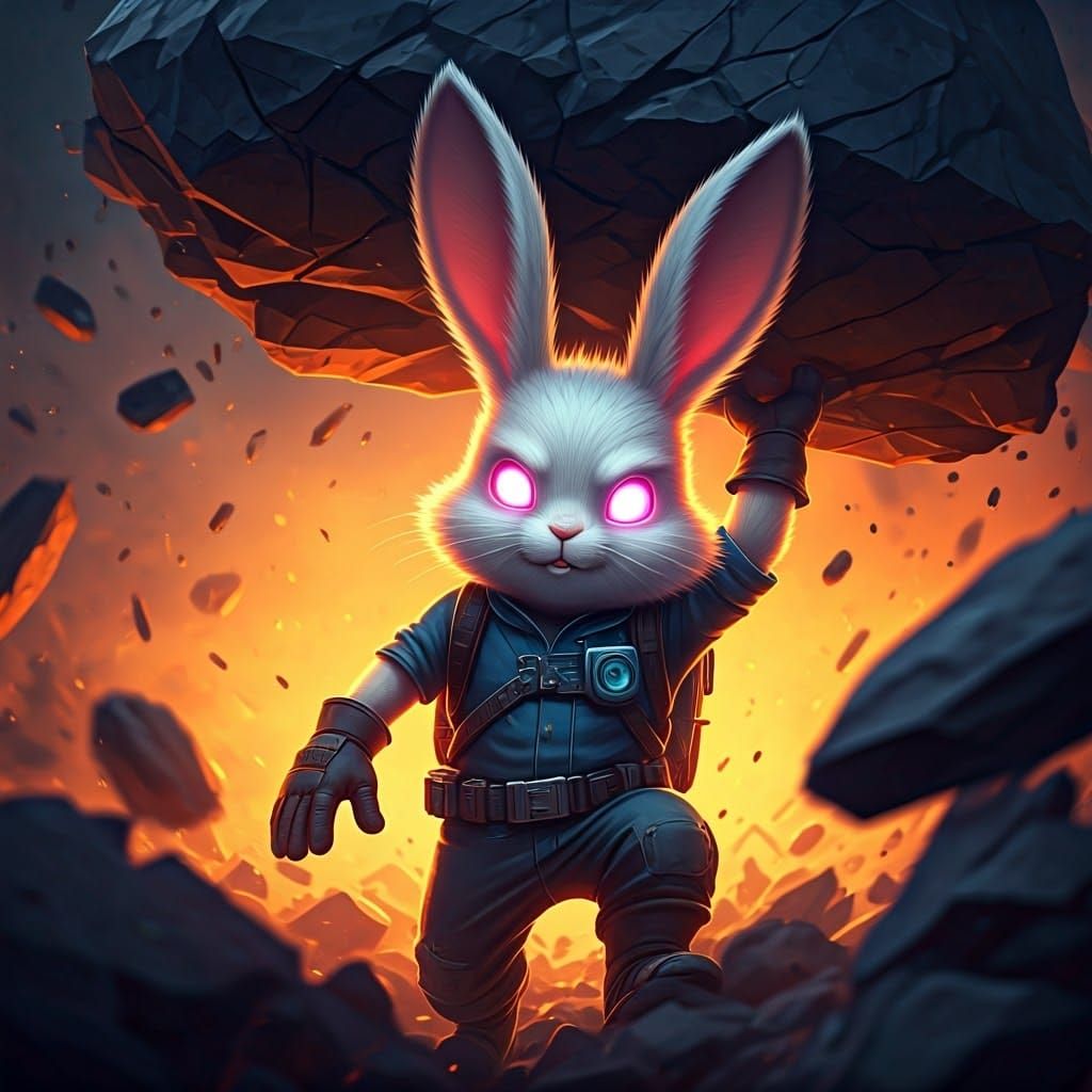 Cute Bunny with laser eyes moving heavy things, rescue people. 3d realistic anime, 3d shading, depth ...  by @Jose