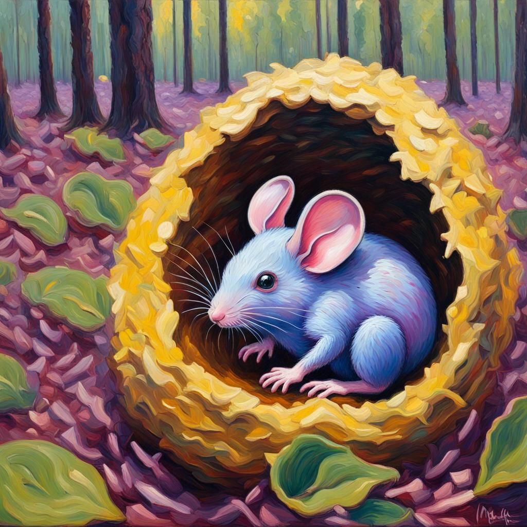 A blue and pink mouse hatching out of a egg in a purple lett...