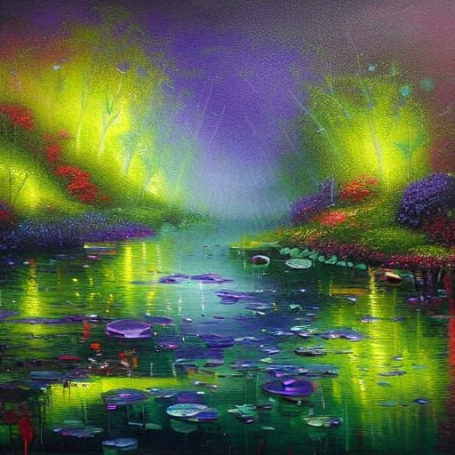 Vibrant colors blend seamlessly with water droplets, creating a stunning visual effect. The image transitions from yellow to deep purple, fe...