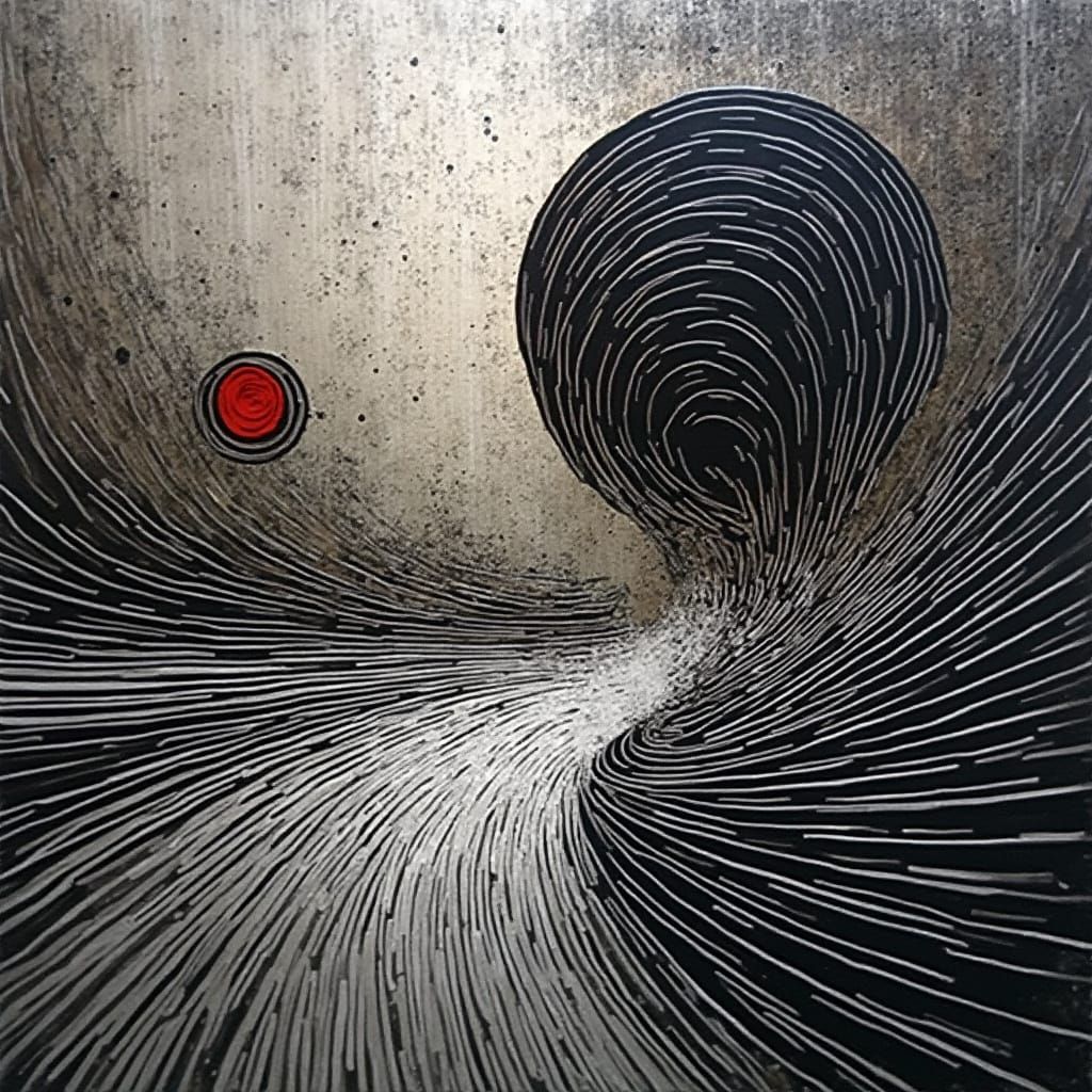 Futuristic Op-Art Dreamscape with Metallic Silver and Dark G...