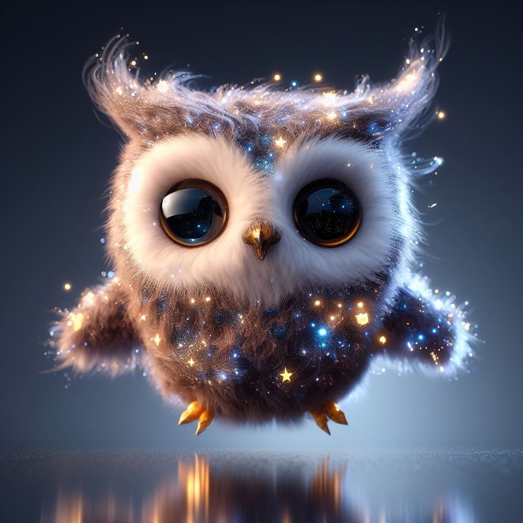 adorable chibi owl made of patronus and glittering magellanic clouds