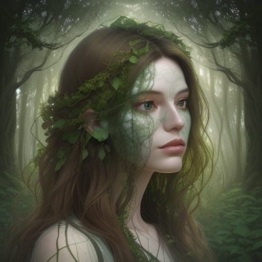 Surreal Double Exposure Portrait of Woman Merged with Forest