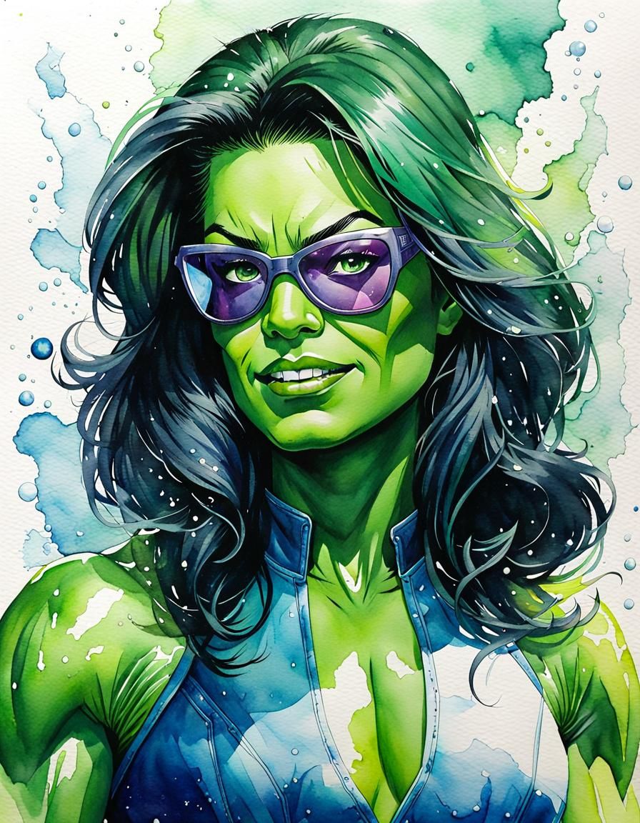 (portrait:1.4), CUTE She-Hulk, Iceberg Lounge, Watercolor, FINELINER ...