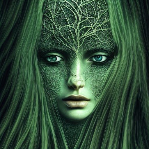 women etched in a tree leaves as hair beautiful eyes dynamic lighting ...