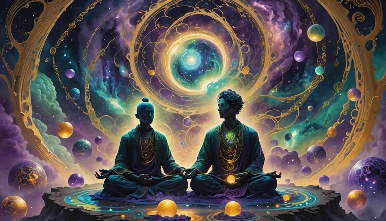 Meditating Figure in a Vibrant Galaxy Landscape