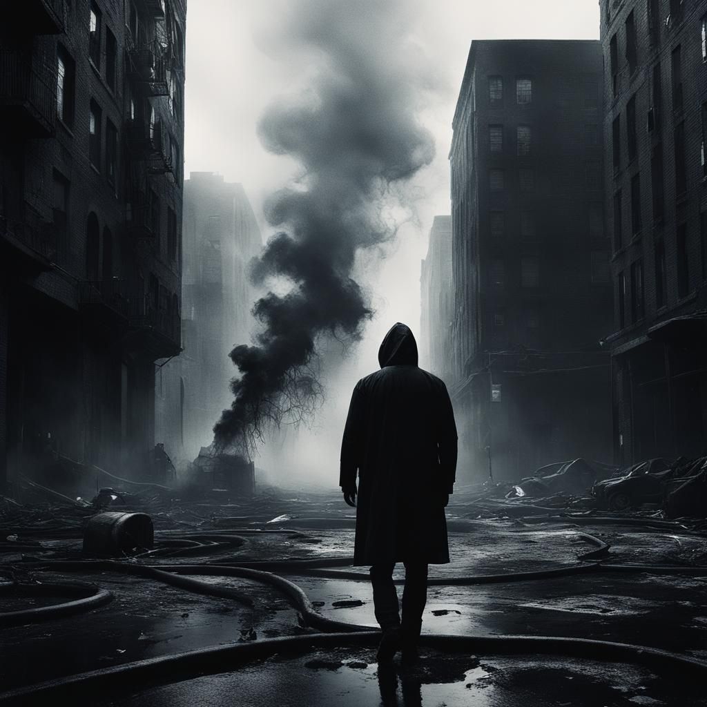 create an eerie, enveloped in dark, swirling tendrils of smo...