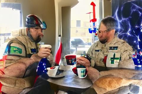 A paramedic and a veteran enjoy patriotic coffee on a Sunday...