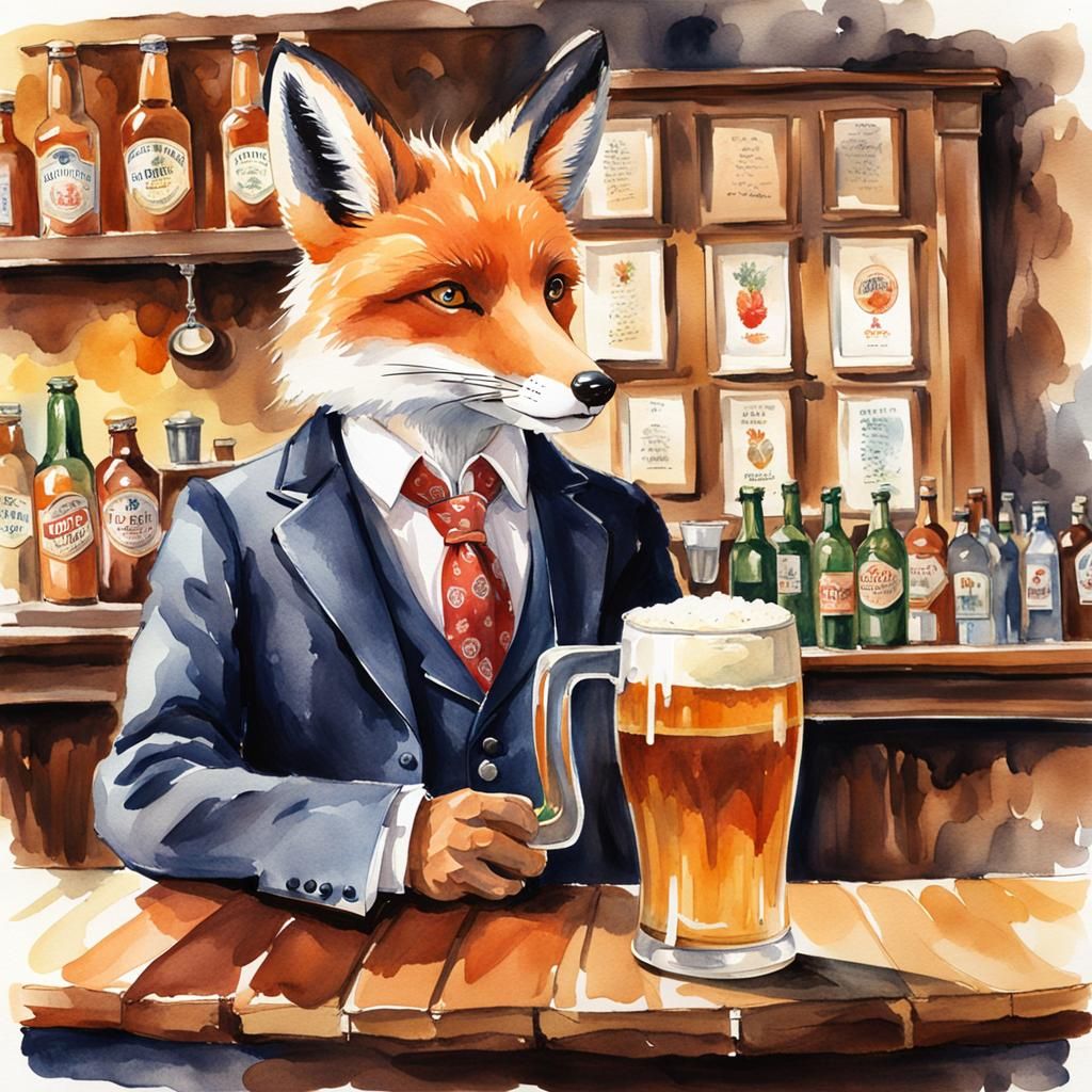 Wet watercolor art: a humanoid fox in Classic British countr...