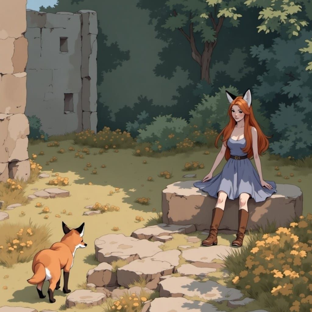 Fox-girl Vixen and Jim the fox spirit exploring a ruin.