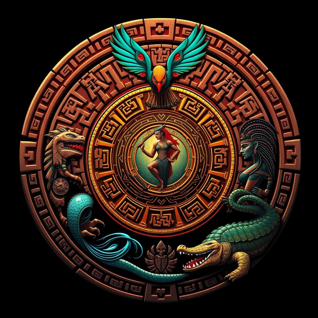 A dynamic and mystical illustration for a personality quiz, in the style of Mesoamerican codex art, but with a modern twist. The image is di...