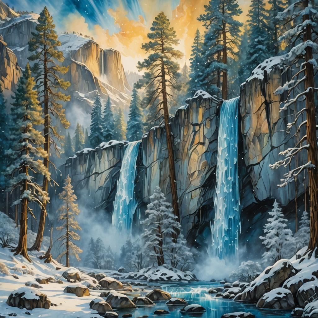 A waterfall in Yosemite park. In the winter beautiful masterpiece mixed media 8K resolution Josephine ...  by @eileenMcC