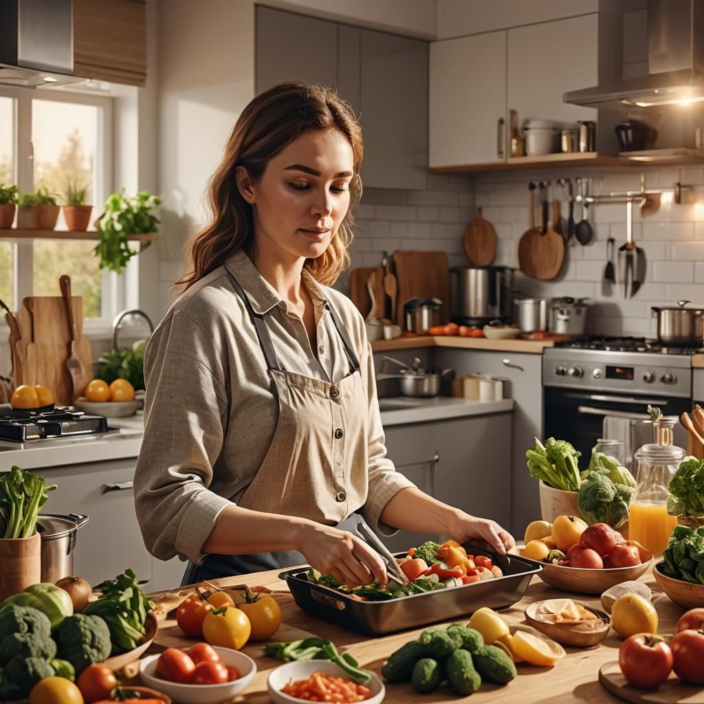 Woman Prepares Lunch in Modern Kitchen: Digital Art
