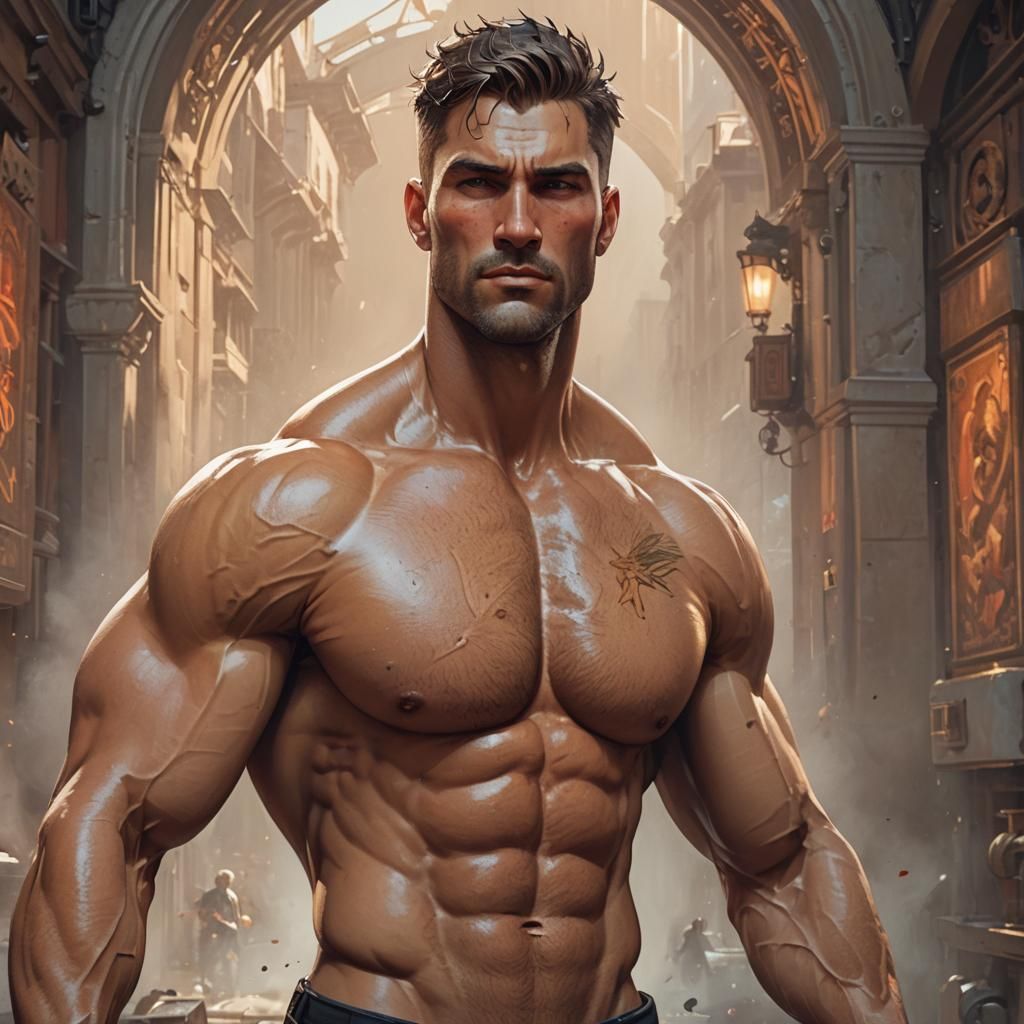 a hot buff shirtless muscular guy with big fat chest and the camera from  his head till his chest - AI Generated Artwork - NightCafe Creator