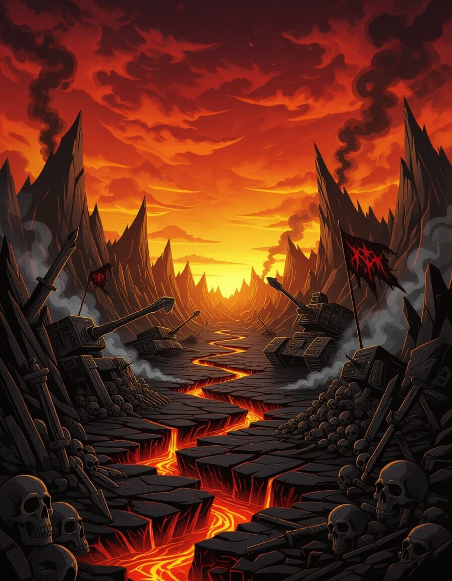 An apocalyptic wasteland of jagged obsidian and black stone, shattered mountains and spiked cliffs piercing a burning crimson and orange sky...