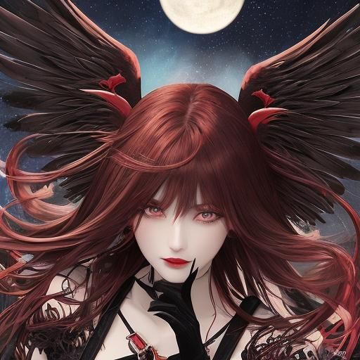 An angel girl with dark red, black anf blue design. Her eyes...