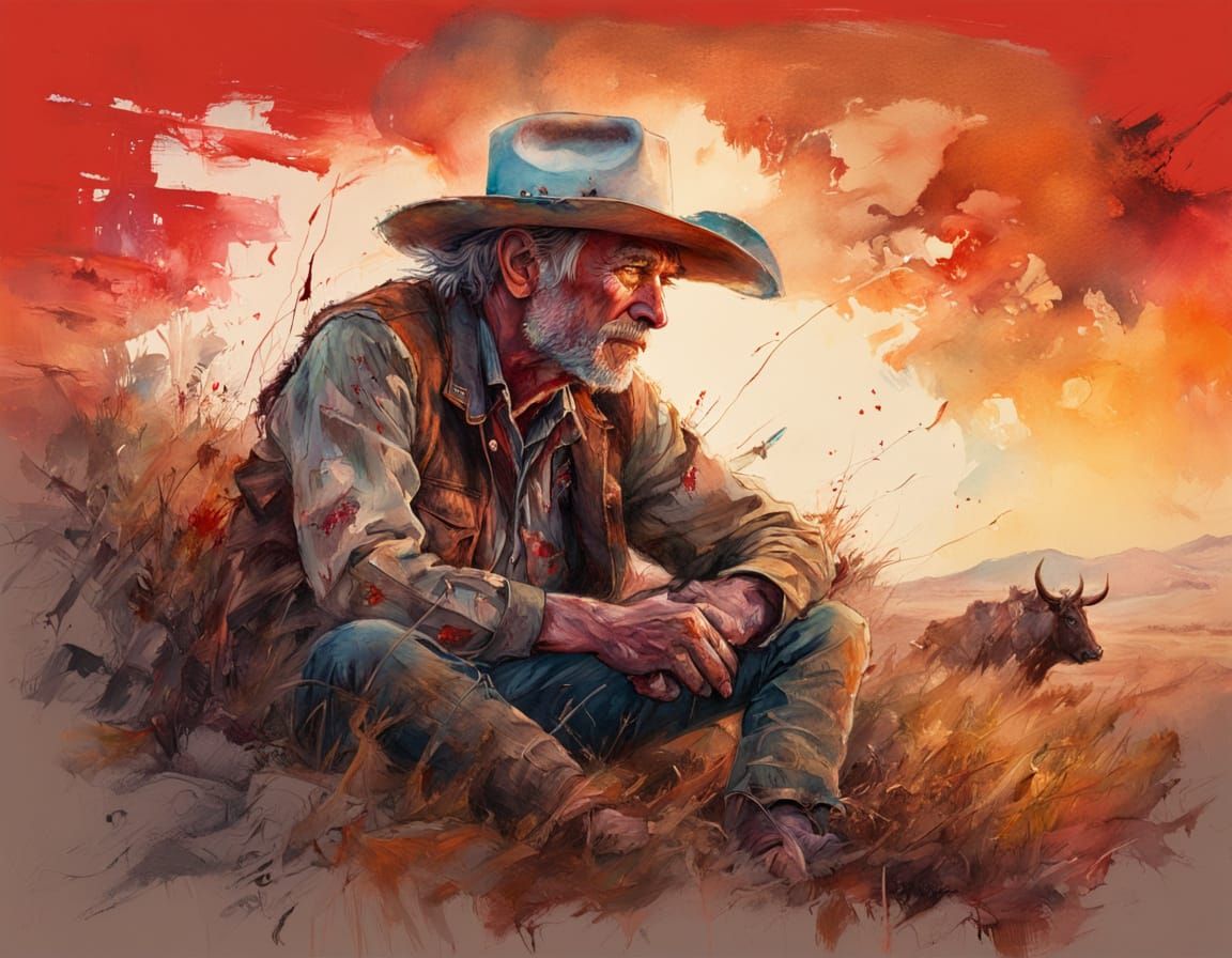 Nostalgia of an old solitary cowboy at the sunset of his life   by @Dreamer in Hell