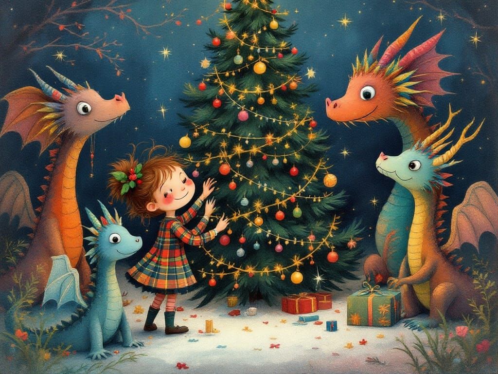Whimsical Christmas Tree Decorating Scene in Folk Art Style