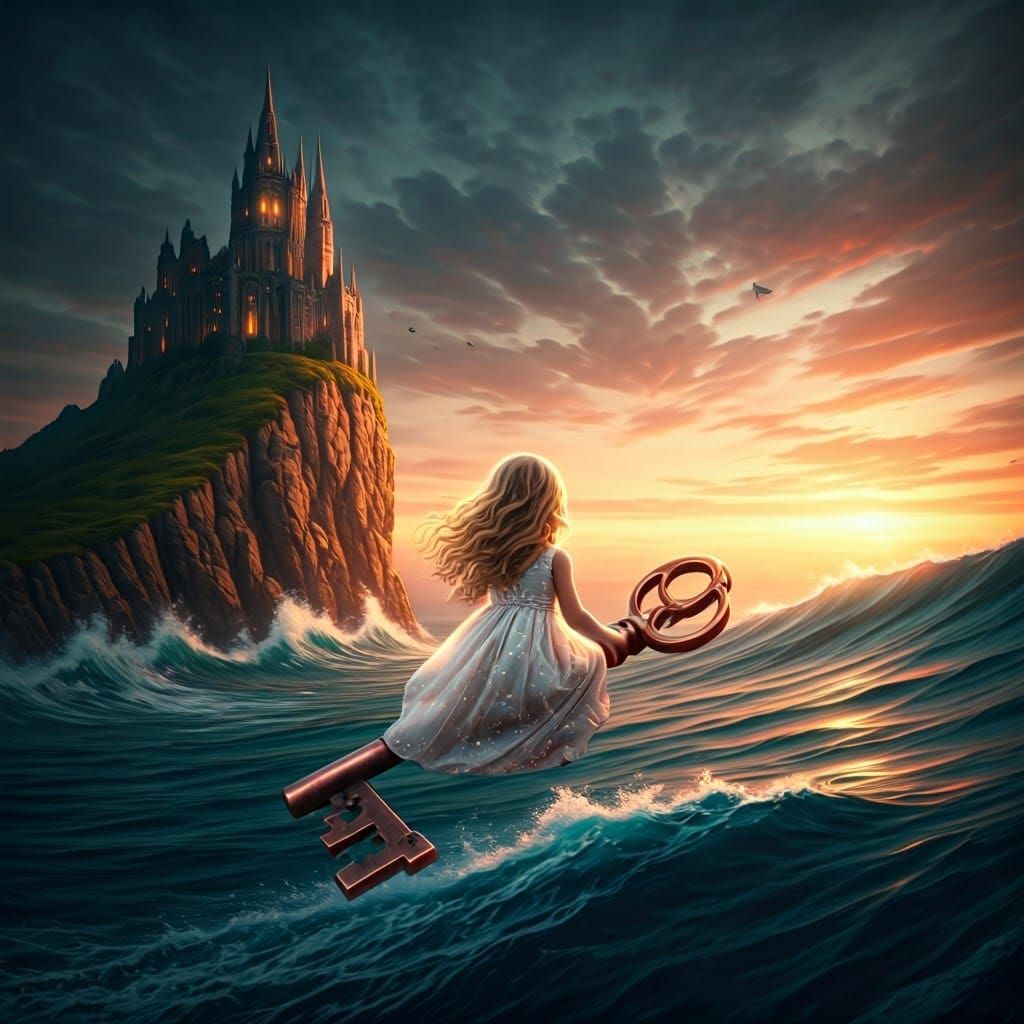 Girl Riding Copper Key into Sunset Castle