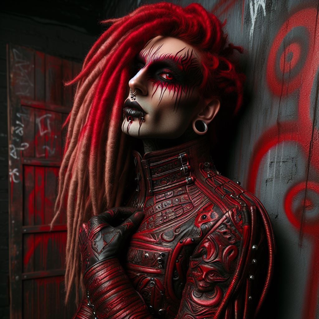 Gothic Guy With Red Dreads & Black/Red Leather Jacket