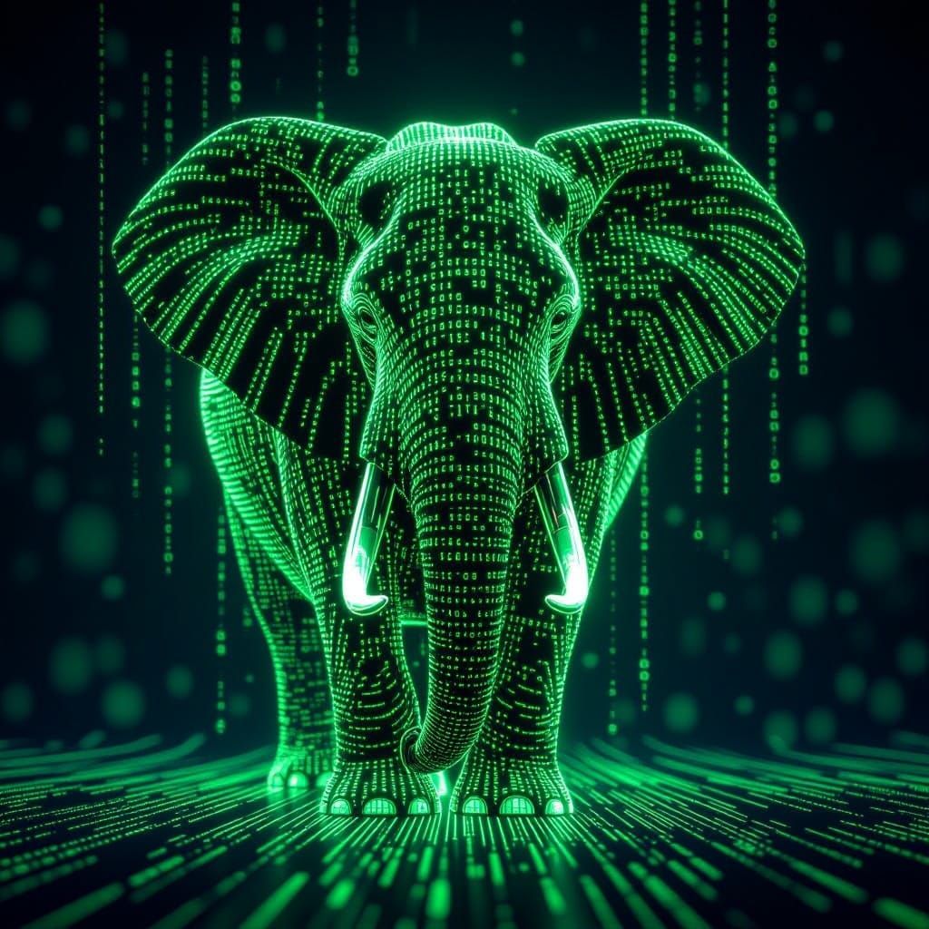 An elephant formed from scrolling lines of code  by @Matt