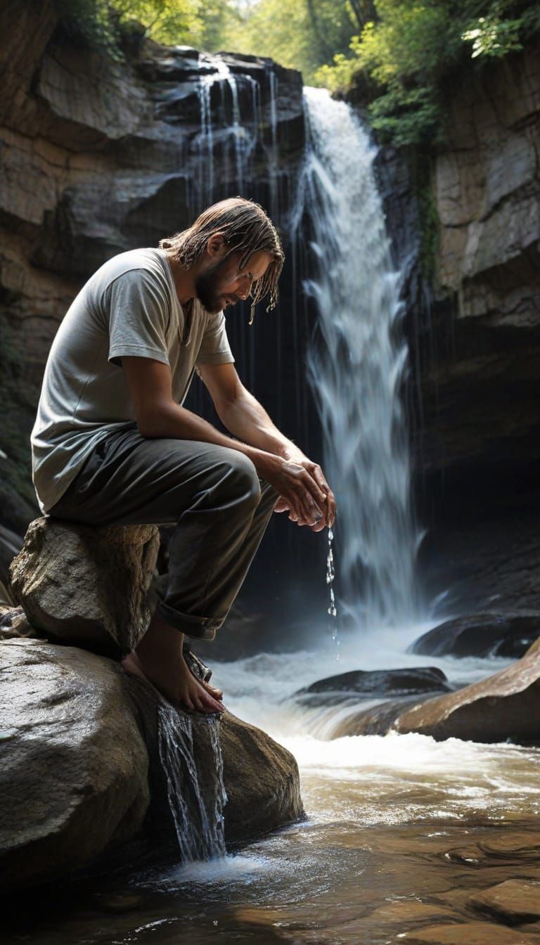 From his hands and feet water comes flowing forth, however, the waterfall behind him is running upward  toward the top o...