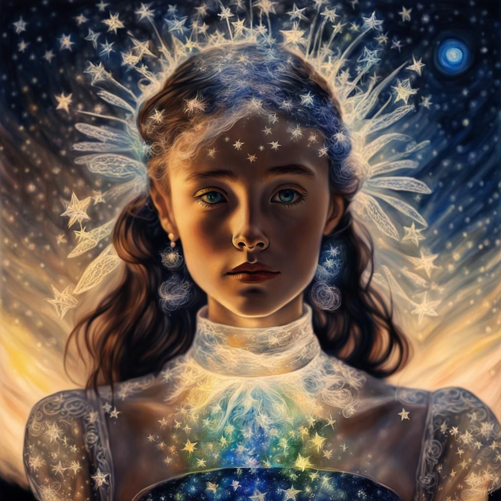 Imagine a surreal child's drawing that merges two distinctive styles. One part is a sugar skull flying in a starry night sky, inspired by Va...