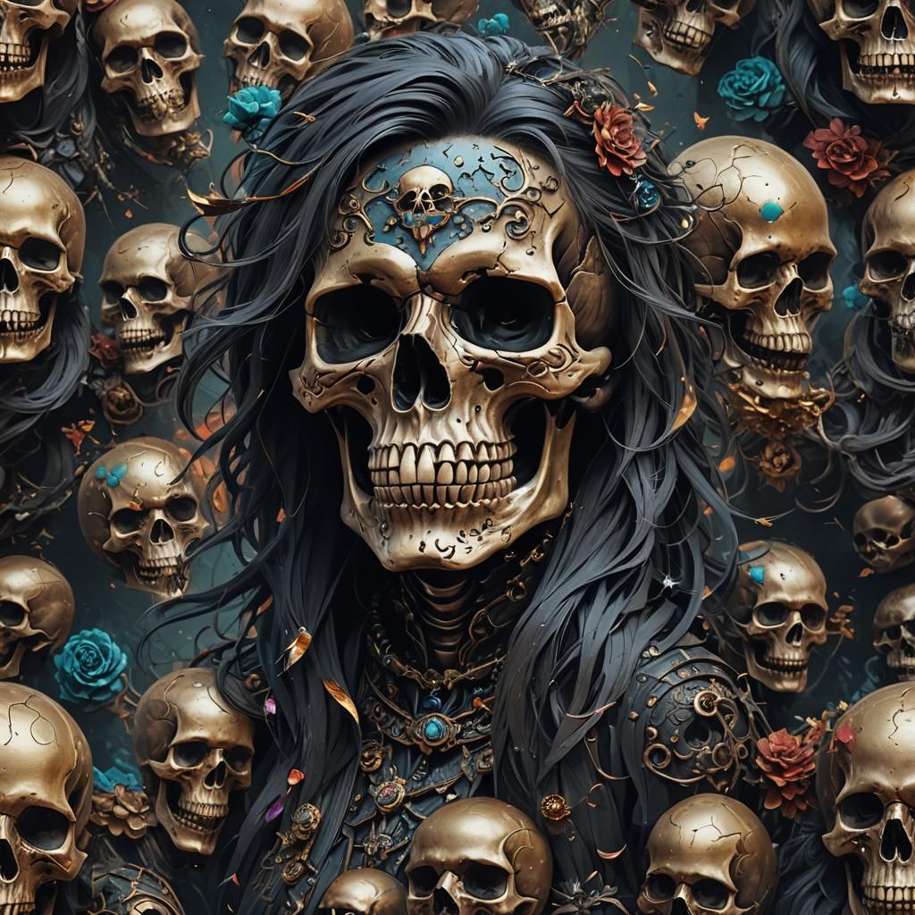 skull hed with songlaces and hair black