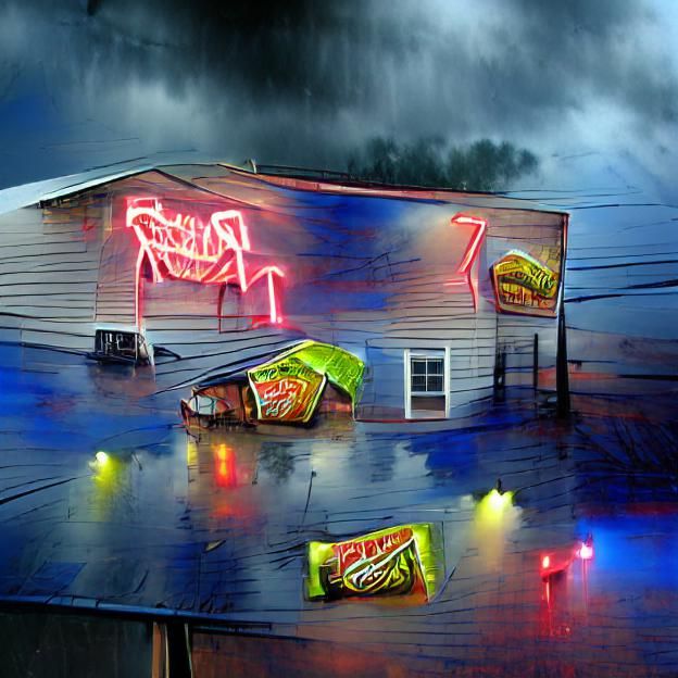 The rain patters on a tin roof with a neon sign